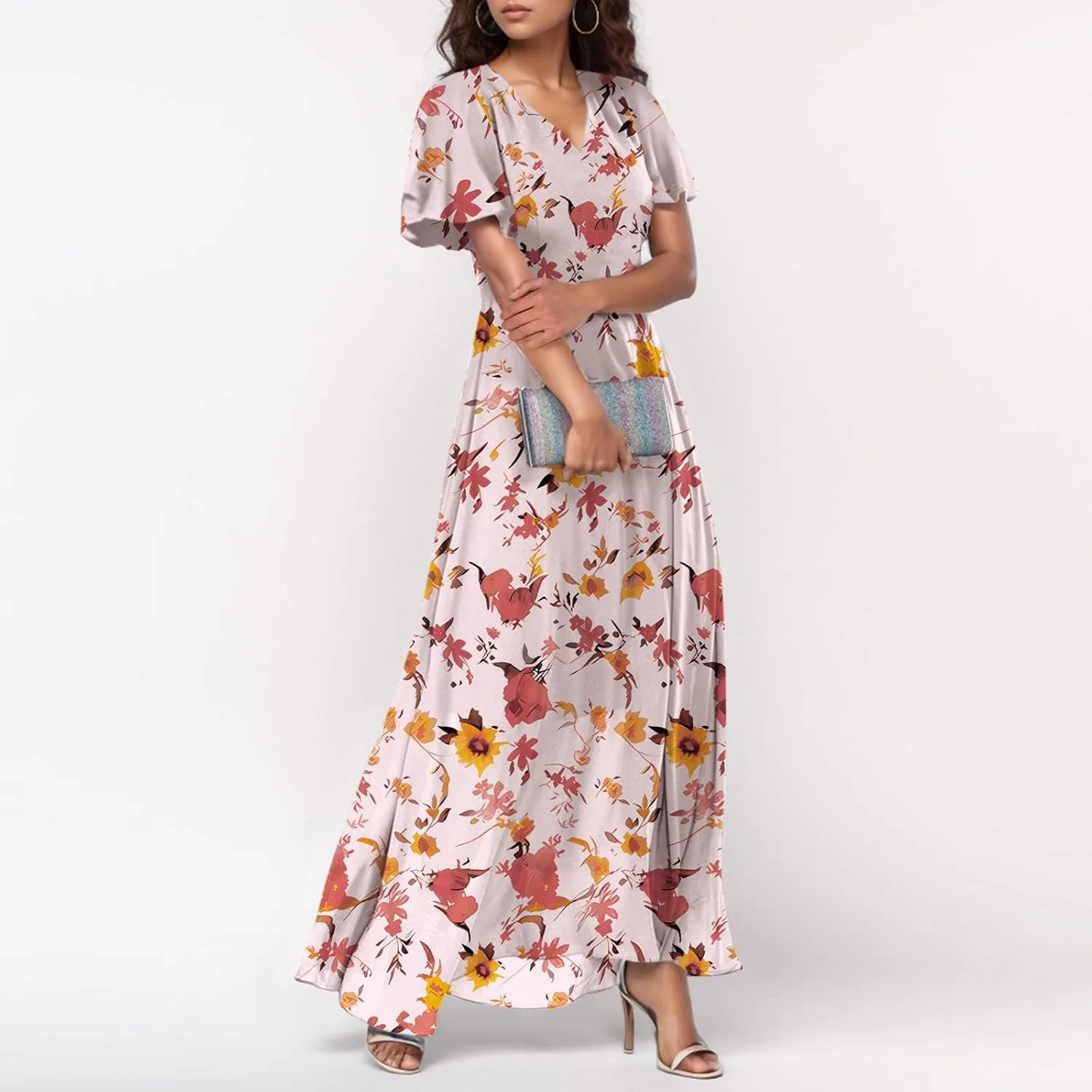 Summer Dress for Women Swing Flowy Ruffle Hem Dresses Short Sleeve Wrap V Neck Chiffon Boho Floral Maxi Dresses