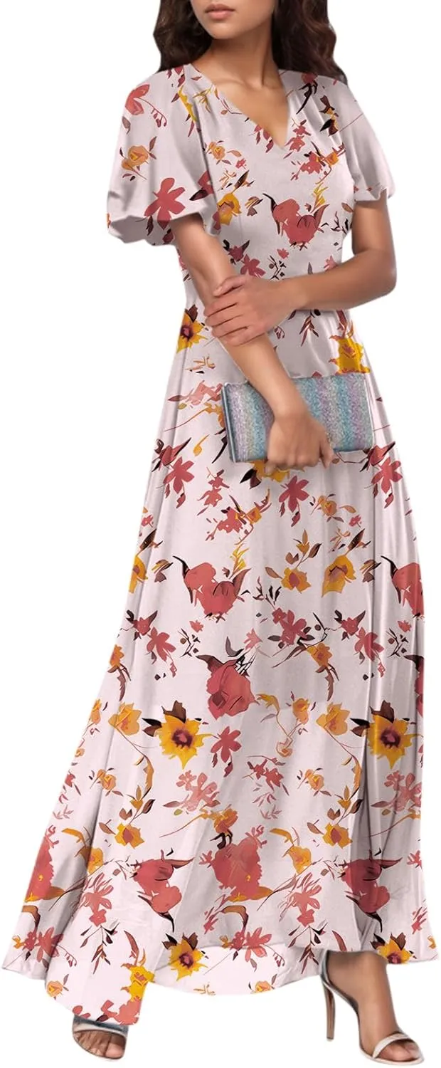 Summer Dress for Women Swing Flowy Ruffle Hem Dresses Short Sleeve Wrap V Neck Chiffon Boho Floral Maxi Dresses