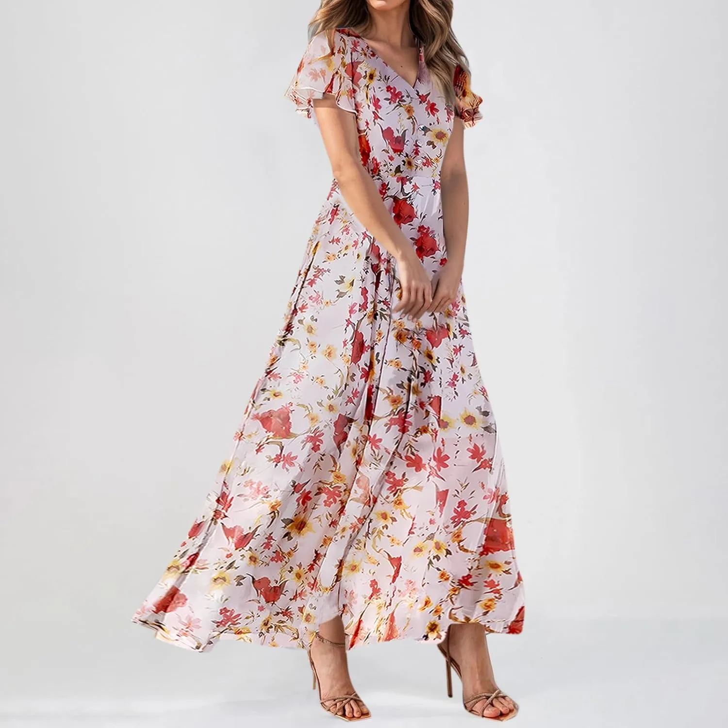 Summer Dress for Women Swing Flowy Ruffle Hem Dresses Short Sleeve Wrap V Neck Chiffon Boho Floral Maxi Dresses