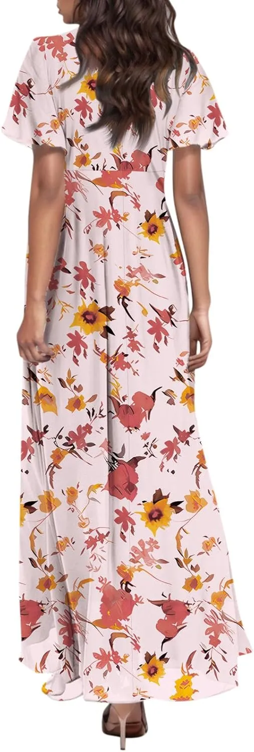 Summer Dress for Women Swing Flowy Ruffle Hem Dresses Short Sleeve Wrap V Neck Chiffon Boho Floral Maxi Dresses