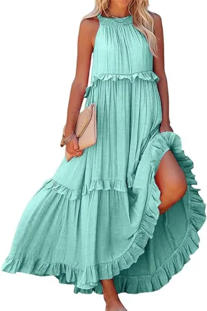 Summer Dresses for Women 2024 Halter Tie Back Loose Flowy Ruffle Tiered Maxi Dress Beach Swing Long Dress Sundress