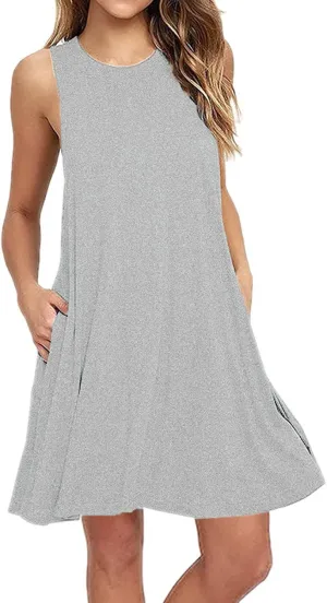 Summer Dresses for Women Sleeveless A-Line Beach Sundress Loose Casual Tank Dresses Tshirt Dress with Pockets