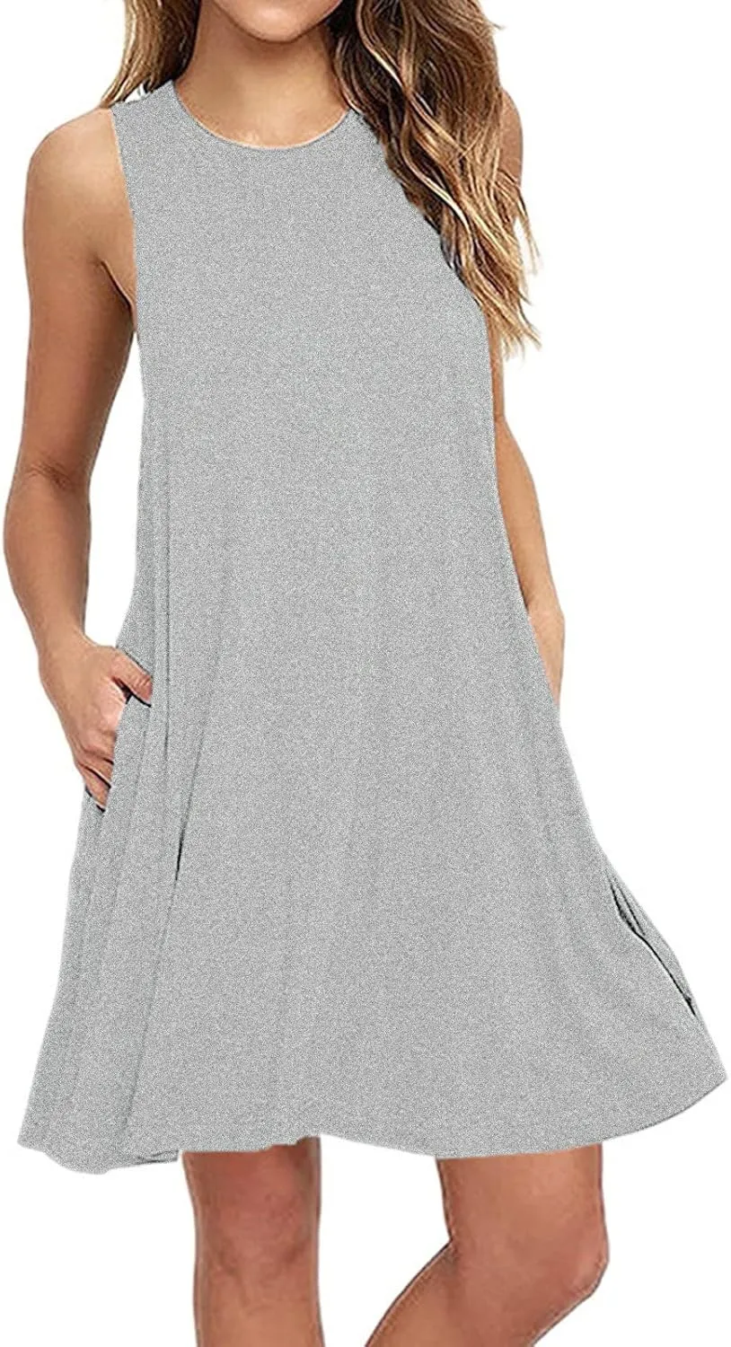 Summer Dresses for Women Sleeveless A-Line Beach Sundress Loose Casual Tank Dresses Tshirt Dress with Pockets