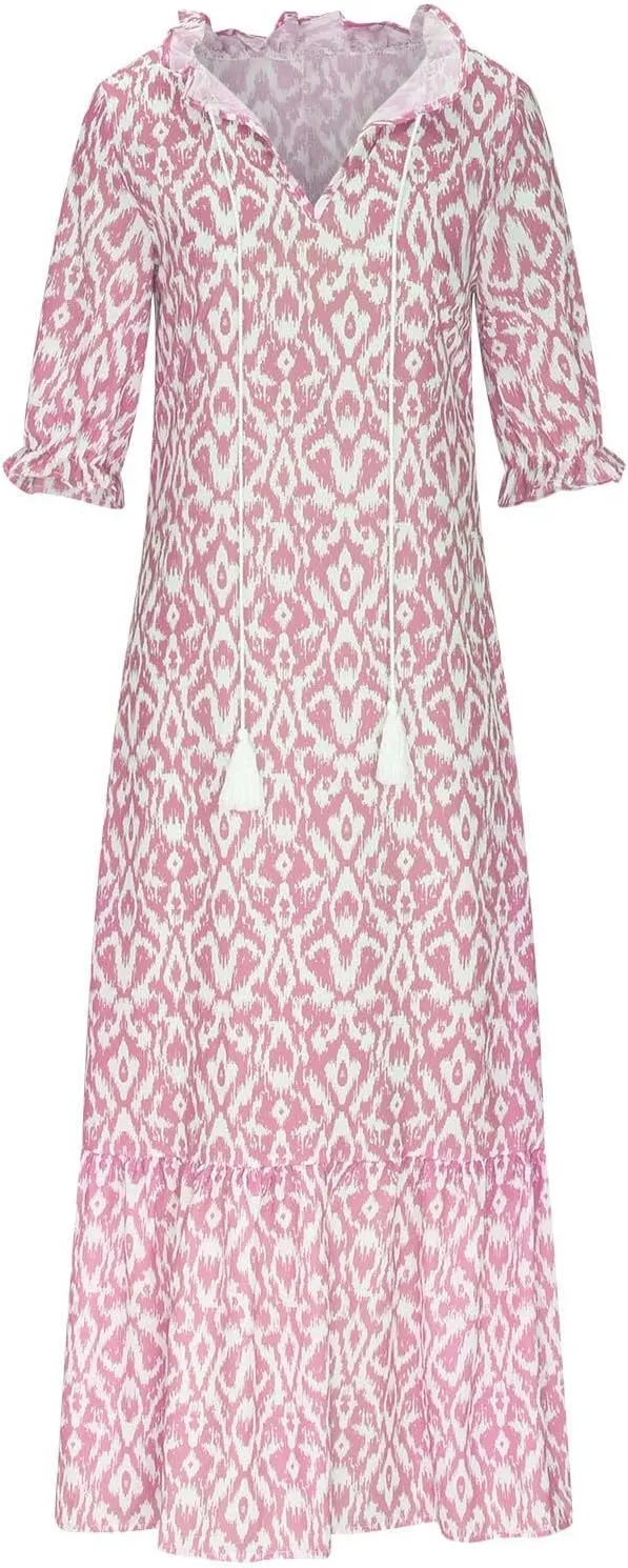 Summer Dresses for Women Tassel Tie V Neck Ruffle Elbow Length Sleeve Boho Floral Print Maxi Dress Beach Vacation Long Dress