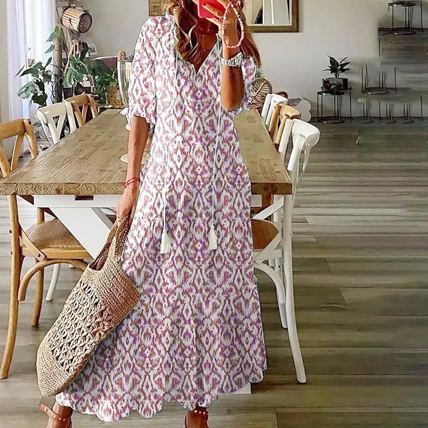 Summer Dresses for Women Tassel Tie V Neck Ruffle Elbow Length Sleeve Boho Floral Print Maxi Dress Beach Vacation Long Dress