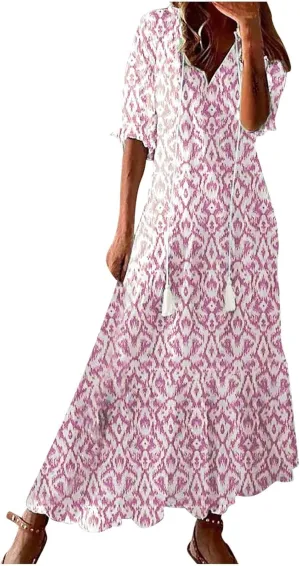 Summer Dresses for Women Tassel Tie V Neck Ruffle Elbow Length Sleeve Boho Floral Print Maxi Dress Beach Vacation Long Dress