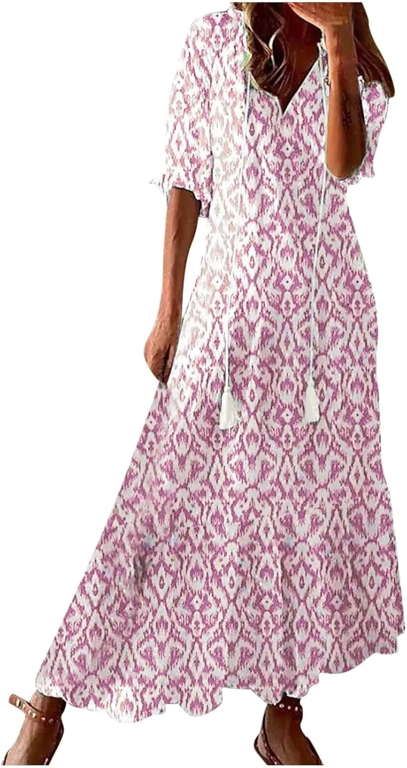 Summer Dresses for Women Tassel Tie V Neck Ruffle Elbow Length Sleeve Boho Floral Print Maxi Dress Beach Vacation Long Dress