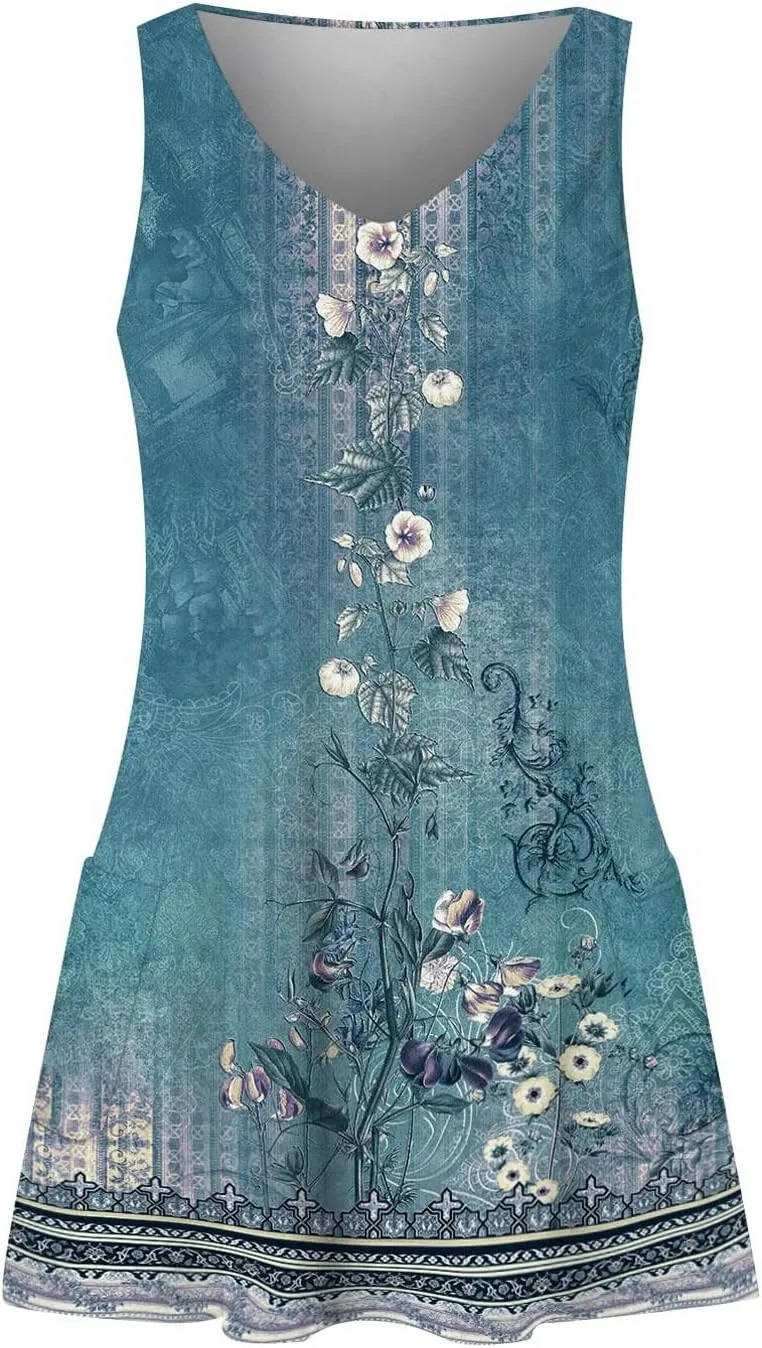 Summer Dresses for Women, Trendy V Neck Casual Boho Dress with Pockets Flowy Knee Length Sleeveless Sun Dresses