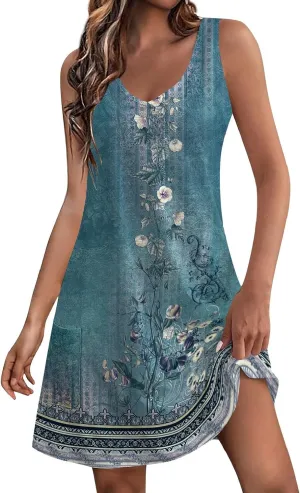 Summer Dresses for Women, Trendy V Neck Casual Boho Dress with Pockets Flowy Knee Length Sleeveless Sun Dresses