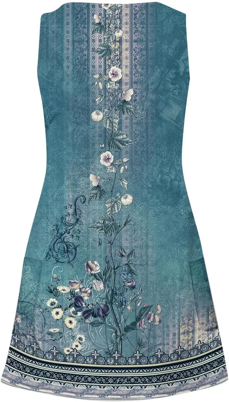 Summer Dresses for Women, Trendy V Neck Casual Boho Dress with Pockets Flowy Knee Length Sleeveless Sun Dresses