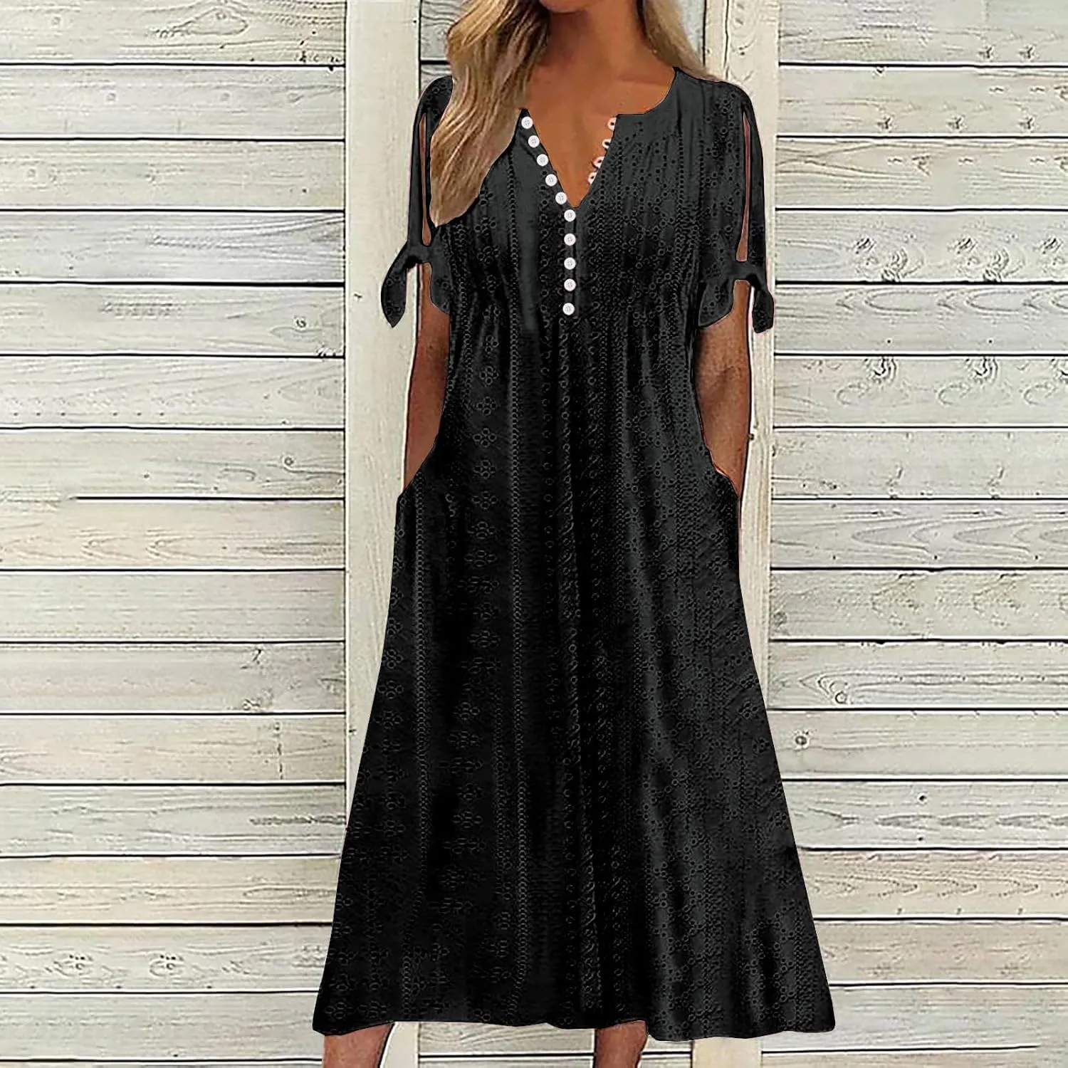 Summer Eyelet Dresses for Women 2024 with Pockets Short Sleeve Button V Neck Flowy A Line Casual Boho Midi Sun Dress