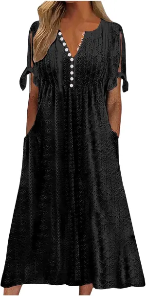 Summer Eyelet Dresses for Women 2024 with Pockets Short Sleeve Button V Neck Flowy A Line Casual Boho Midi Sun Dress