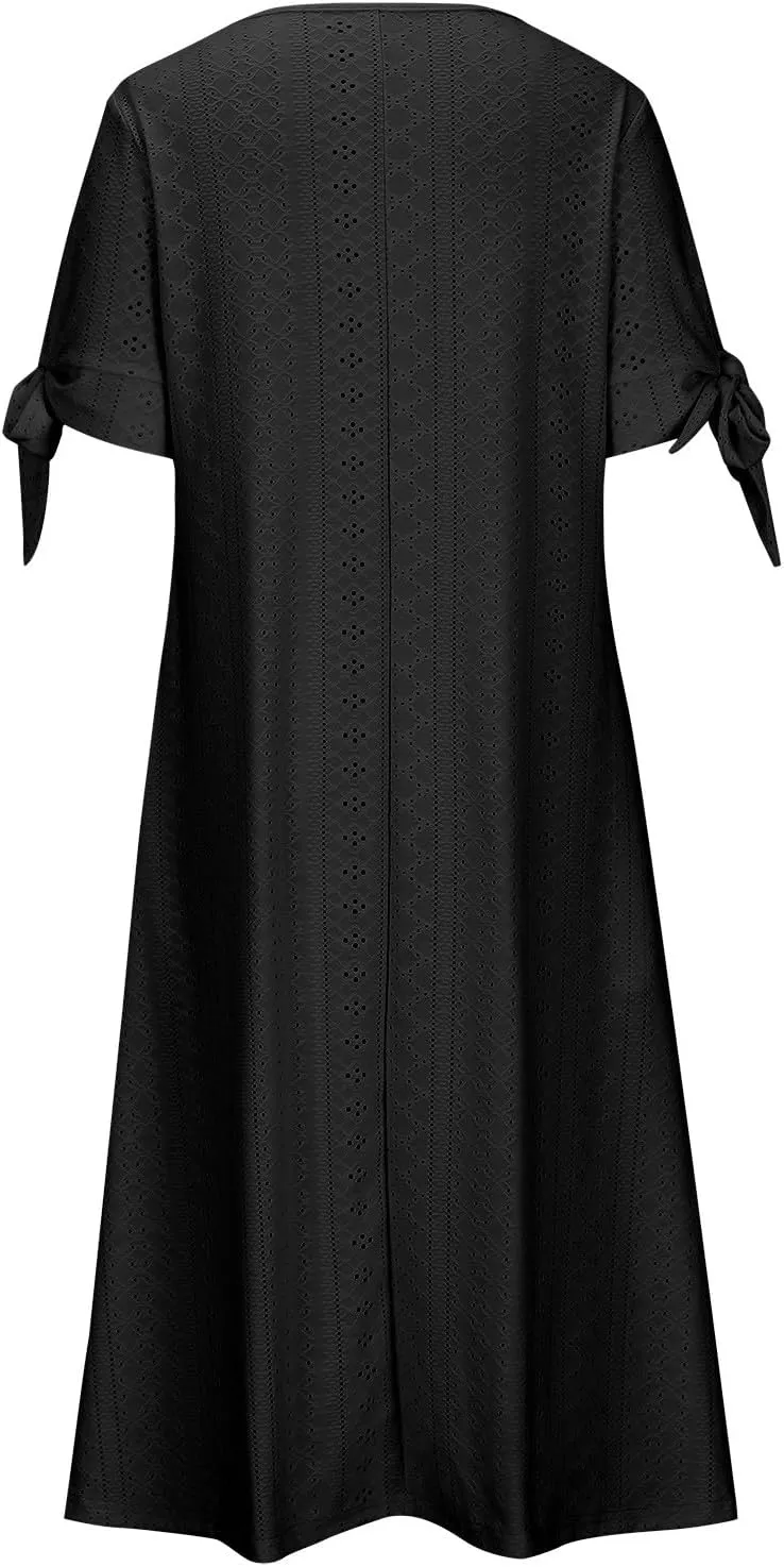 Summer Eyelet Dresses for Women 2024 with Pockets Short Sleeve Button V Neck Flowy A Line Casual Boho Midi Sun Dress