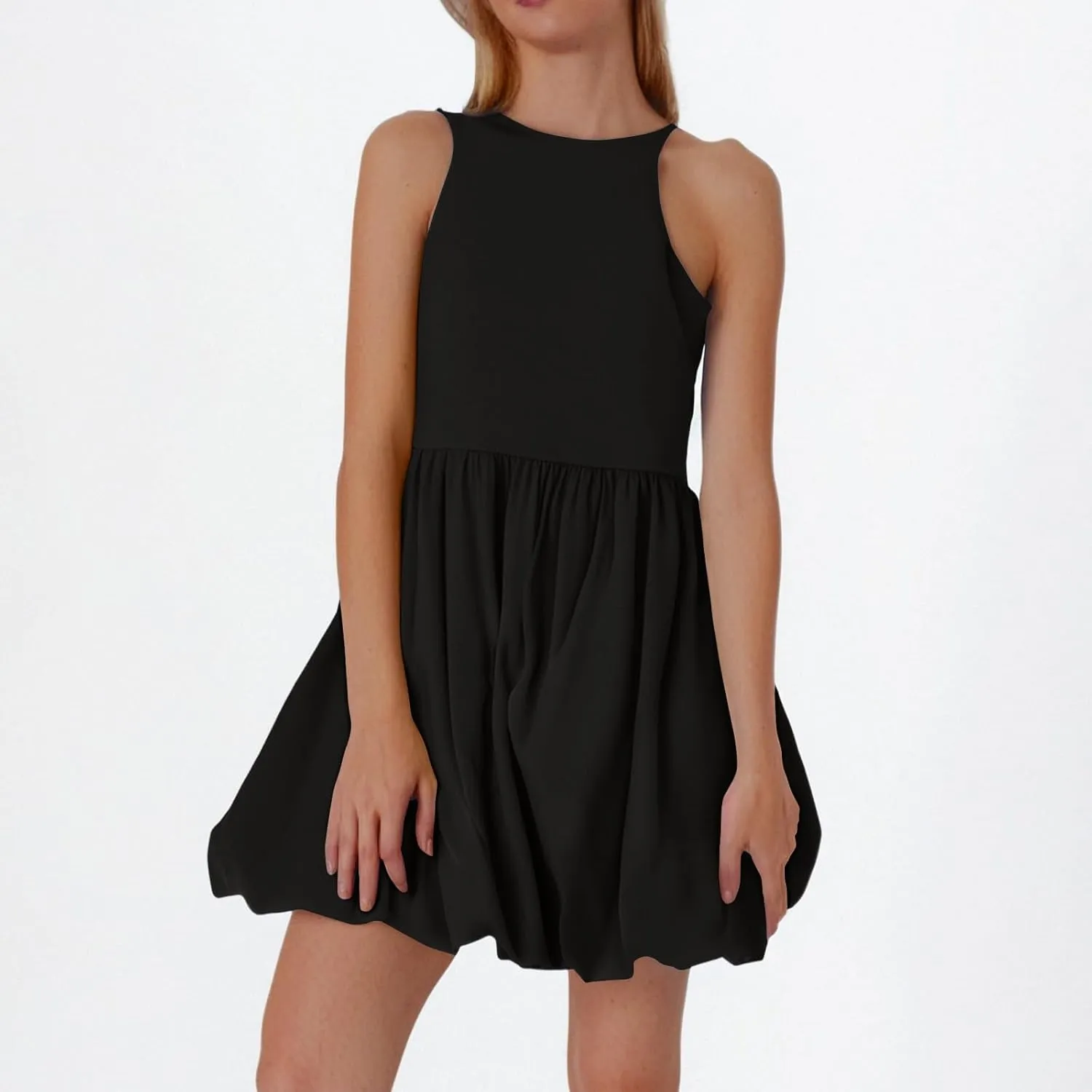 Sundresses for Women 2025 Casual Summer Boho Sleeveless Pleated Bubble Crewneck Short Tshirt Dress with Pockets