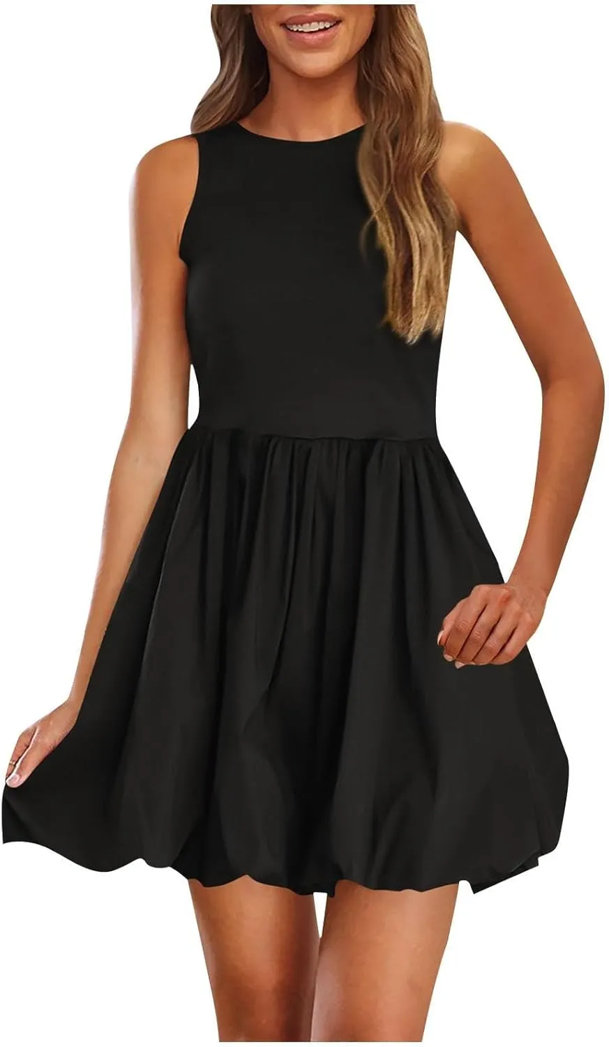 Sundresses for Women 2025 Casual Summer Boho Sleeveless Pleated Bubble Crewneck Short Tshirt Dress with Pockets