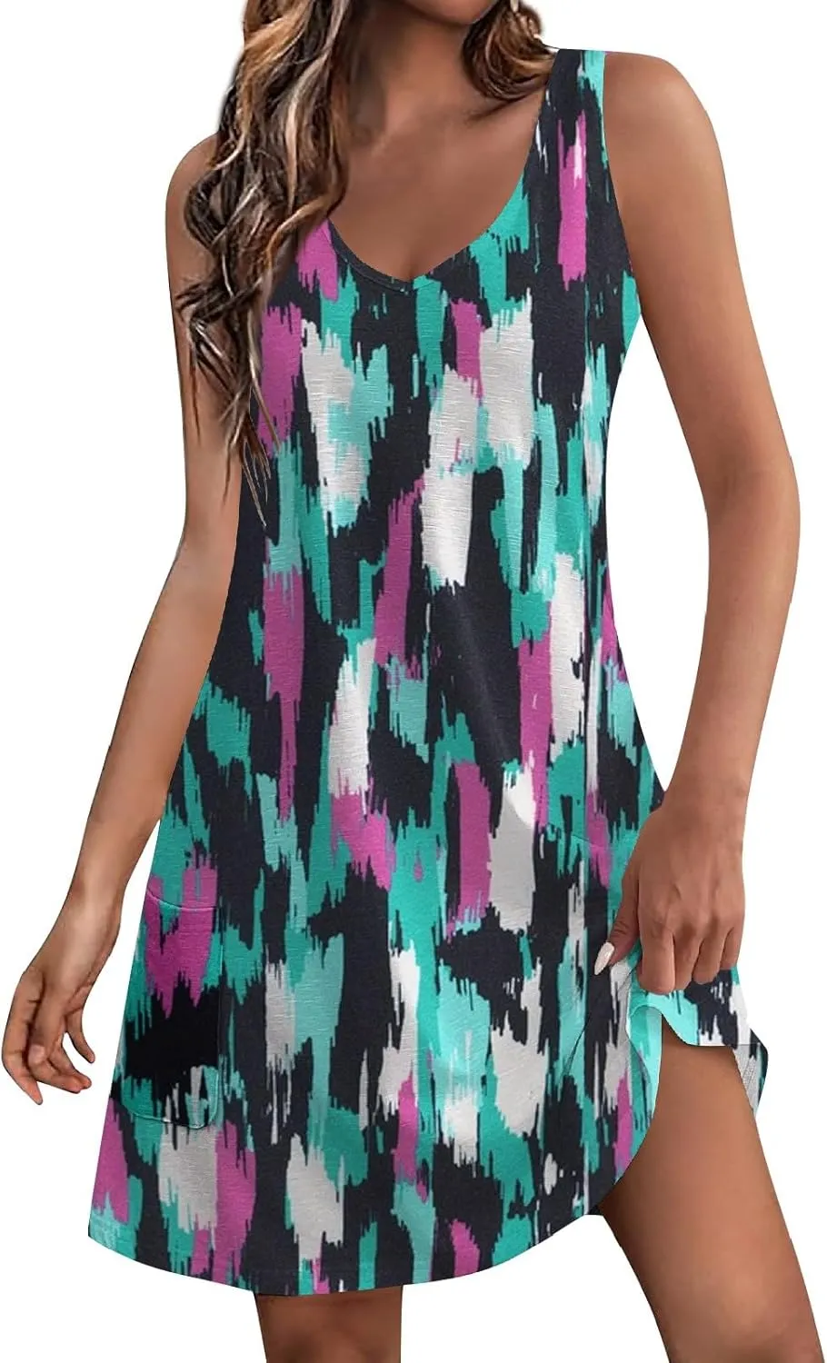 Sundresses for Women Casual Beach 2024 Summer Dresses with Pockets V Neck Loose Dress Boho Hawaiian Floral Tank Dress