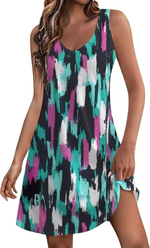Sundresses for Women Casual Beach 2024 Summer Dresses with Pockets V Neck Loose Dress Boho Hawaiian Floral Tank Dress