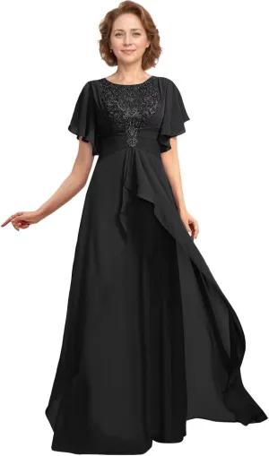 Tea Length Mother of The Bride Dresses for Wedding 2024 V Neck Lace Appliques Mother of The Groom Dresses with Ruffle Sleeves