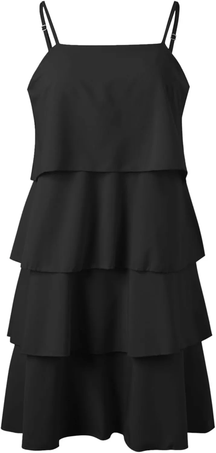 Tiered Ruffle Dress for Women Casual Summer Sleeveless Spaghetti Strap Mini Dress Flowy Layered Vacation Beach Dress