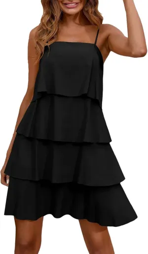 Tiered Ruffle Dress for Women Casual Summer Sleeveless Spaghetti Strap Mini Dress Flowy Layered Vacation Beach Dress
