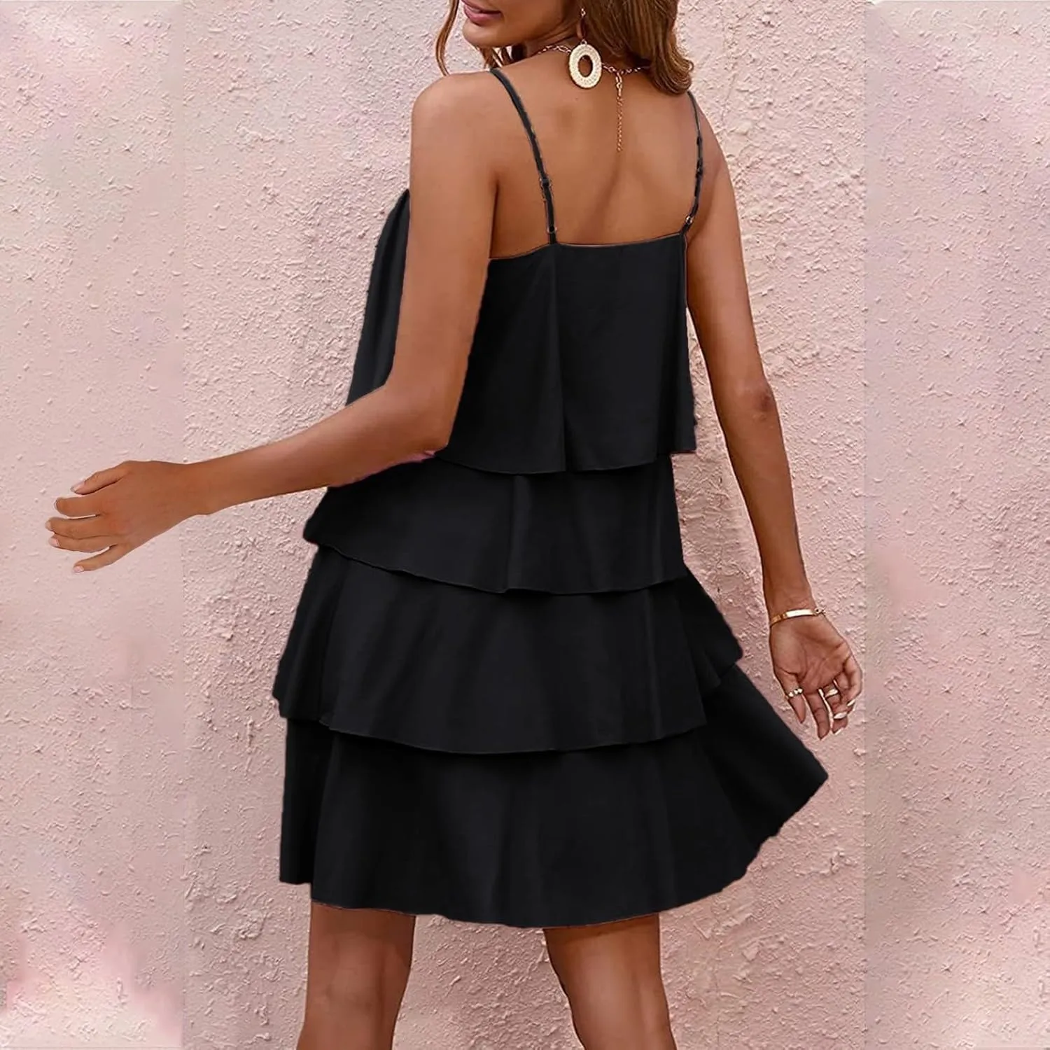 Tiered Ruffle Dress for Women Casual Summer Sleeveless Spaghetti Strap Mini Dress Flowy Layered Vacation Beach Dress