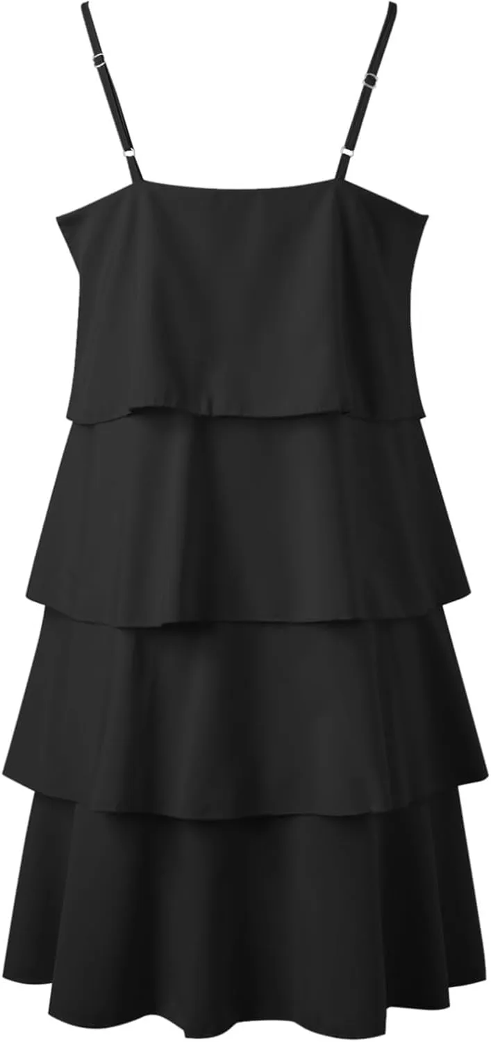 Tiered Ruffle Dress for Women Casual Summer Sleeveless Spaghetti Strap Mini Dress Flowy Layered Vacation Beach Dress