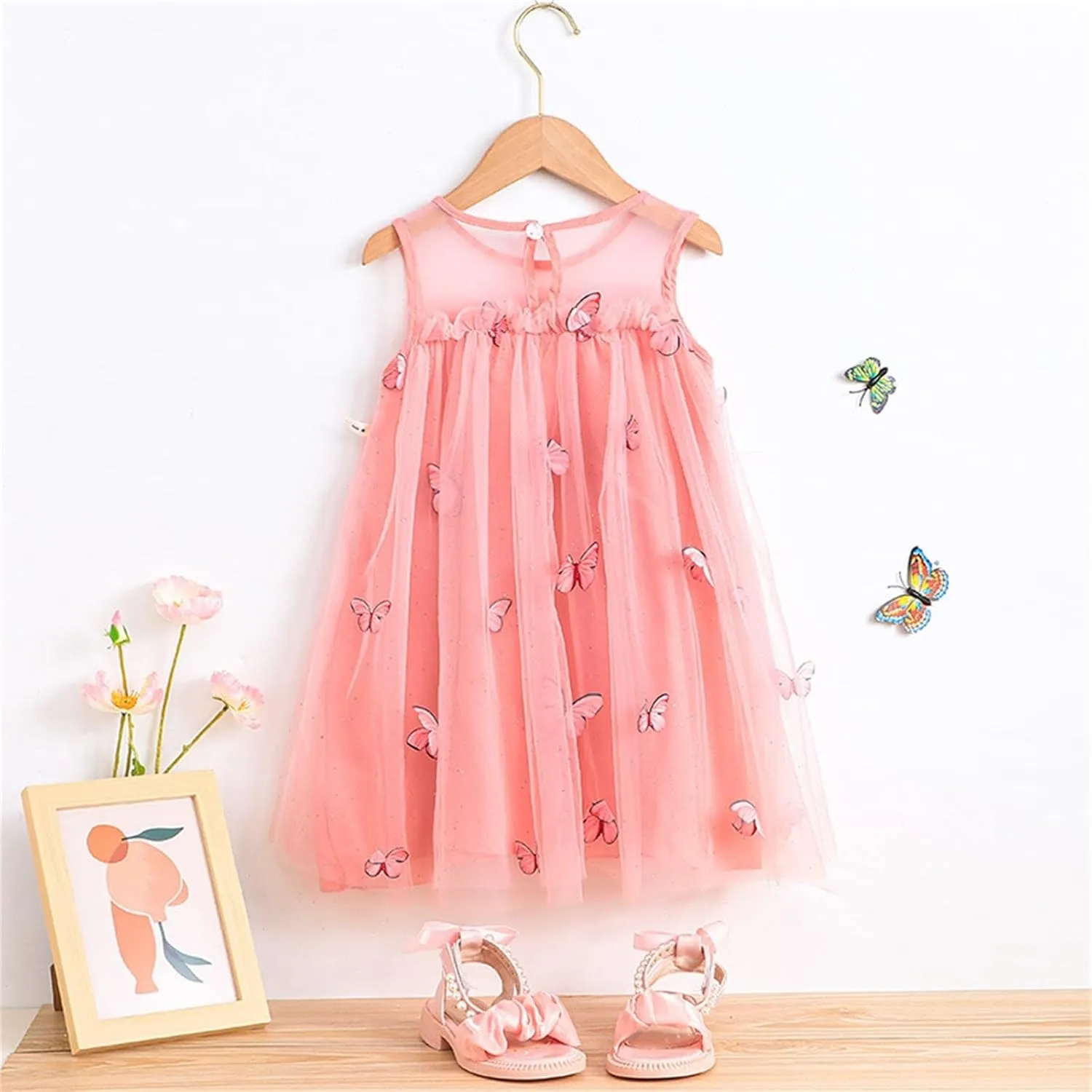 Toddler Baby Girl Tutu Dress Floral Print Tulle Dress Little Girl Sleeveless Princess Dresses with Flower Headband