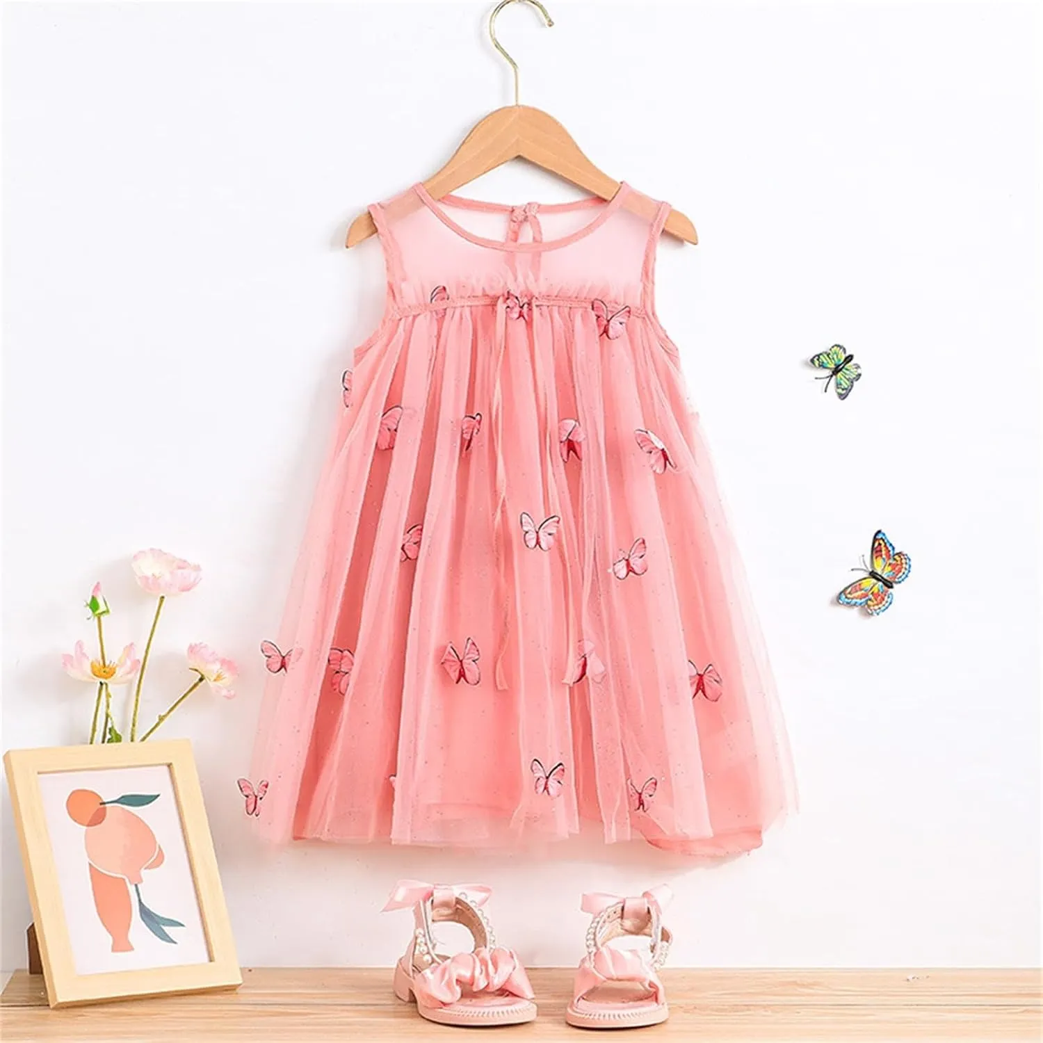 Toddler Baby Girl Tutu Dress Floral Print Tulle Dress Little Girl Sleeveless Princess Dresses with Flower Headband
