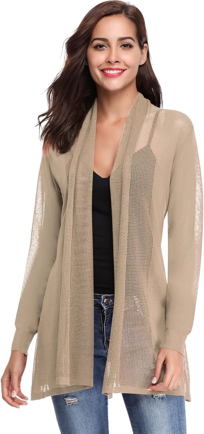 Totatuit Womens Summer Lightweight Sheer Kimono Cardigan Long Sleeve Open Front Knit Sweater Loose Cover Up Casual Blouse Top