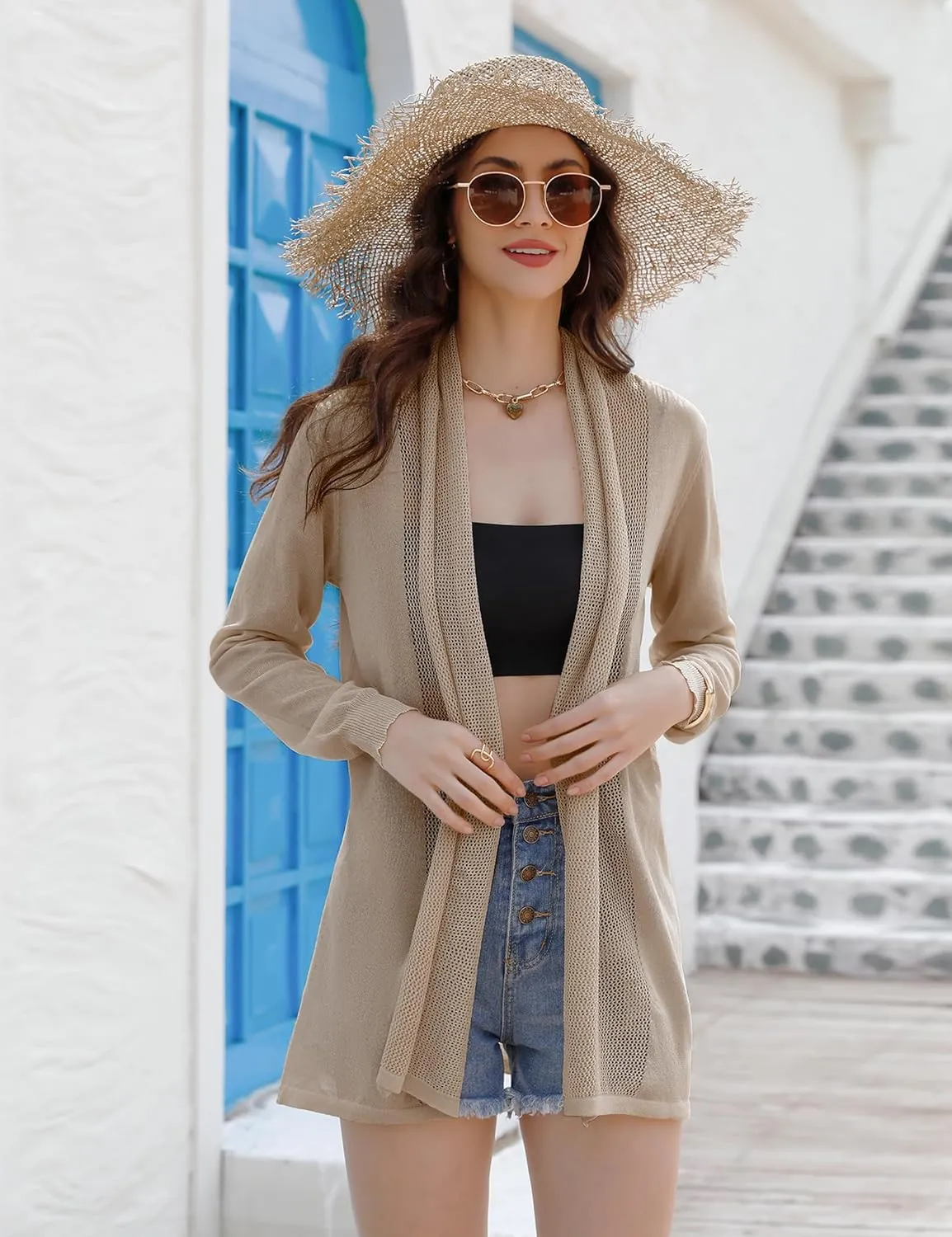 Totatuit Womens Summer Lightweight Sheer Kimono Cardigan Long Sleeve Open Front Knit Sweater Loose Cover Up Casual Blouse Top