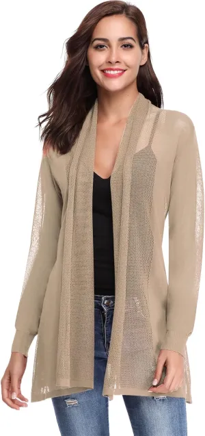 Totatuit Womens Summer Lightweight Sheer Kimono Cardigan Long Sleeve Open Front Knit Sweater Loose Cover Up Casual Blouse Top