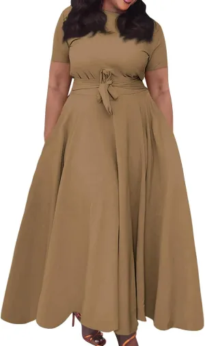 Trendy Short Sleeve Maxi Dress Casual Plus Size Crewneck Long Dress Elegant Formal A Line Smocked Flowy Party Dress