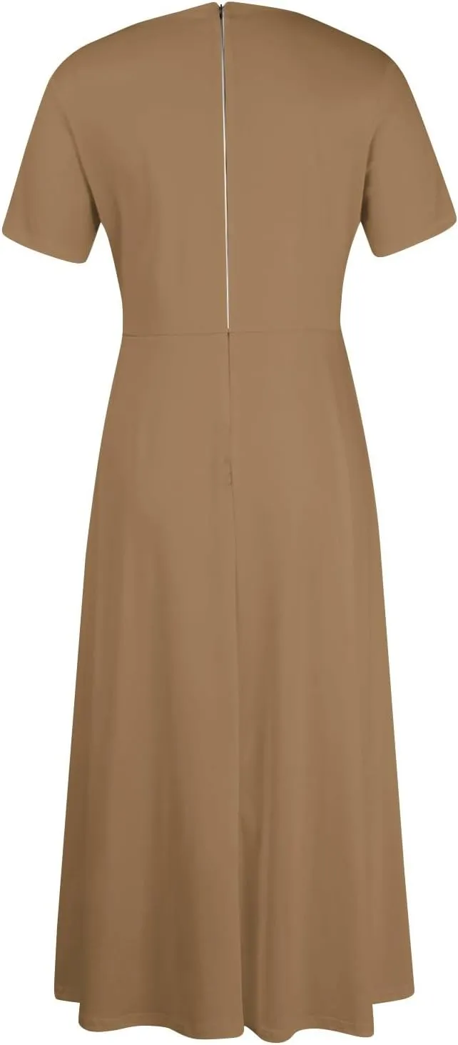 Trendy Short Sleeve Maxi Dress Casual Plus Size Crewneck Long Dress Elegant Formal A Line Smocked Flowy Party Dress