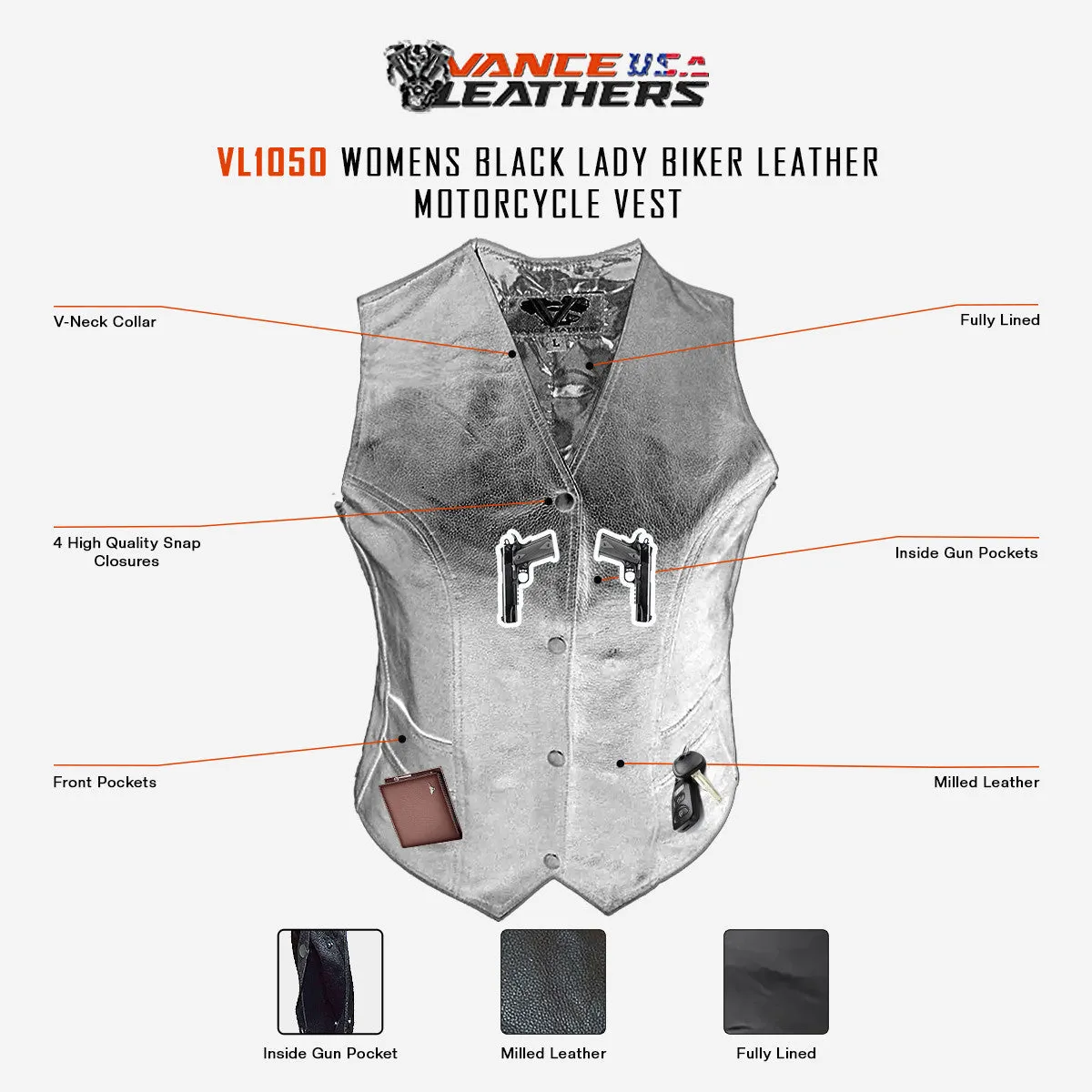 Vance VL1050 Women's Black Lady Biker Leather Motorcycle Vest