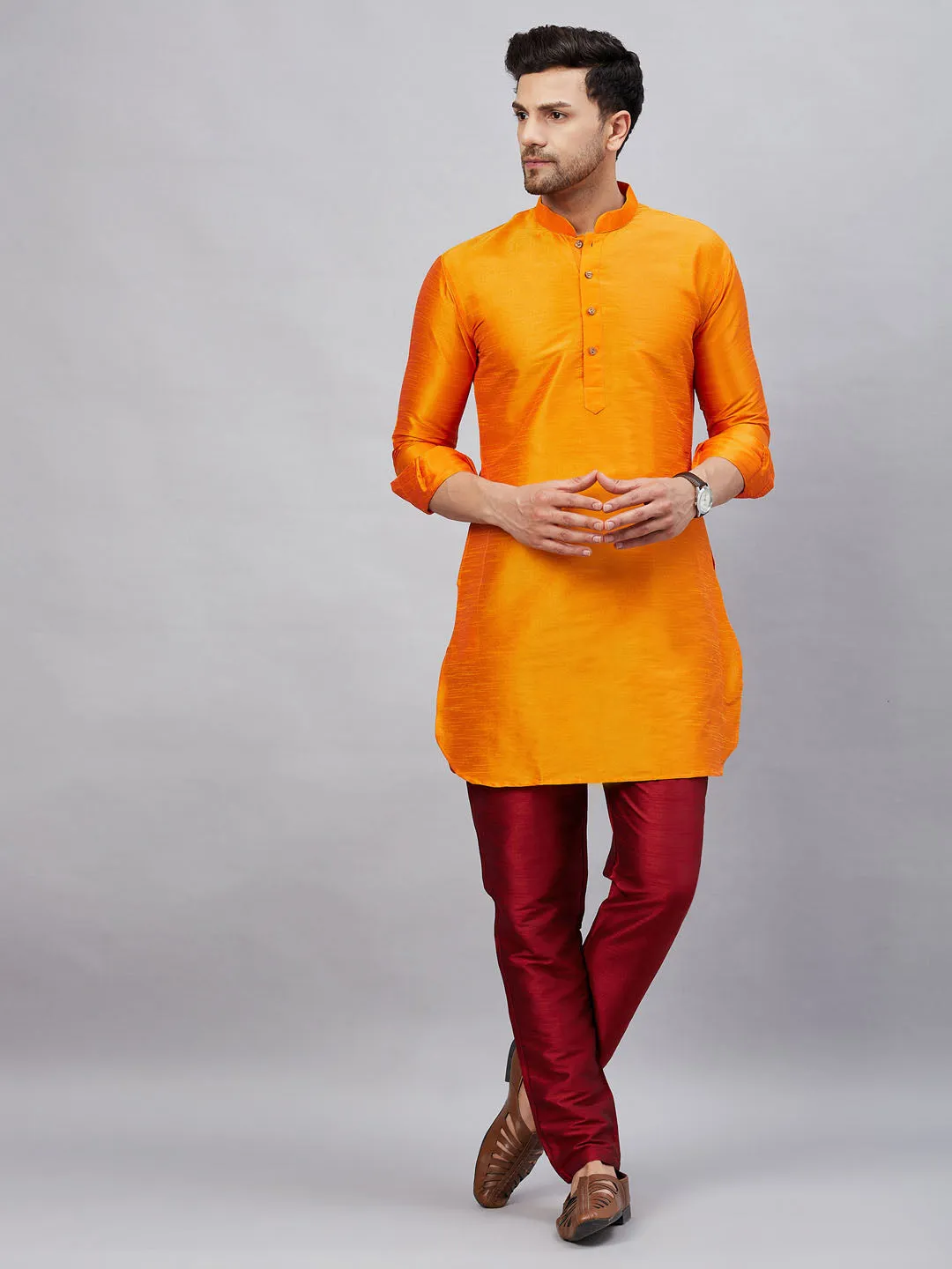 VASTRAMAY Men's Orange Silk Blend Kurta Set