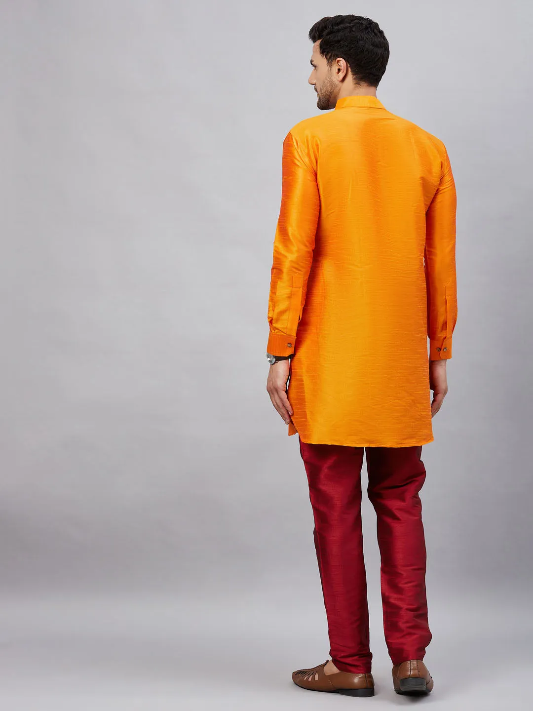 VASTRAMAY Men's Orange Silk Blend Kurta Set