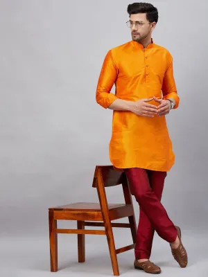 VASTRAMAY Men's Orange Silk Blend Kurta Set