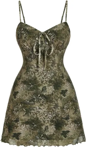 Verdusa Women's Plus Size Floral Bowknot Mini Dress Vintage Mesh A Line Spaghetti Strap Dresses