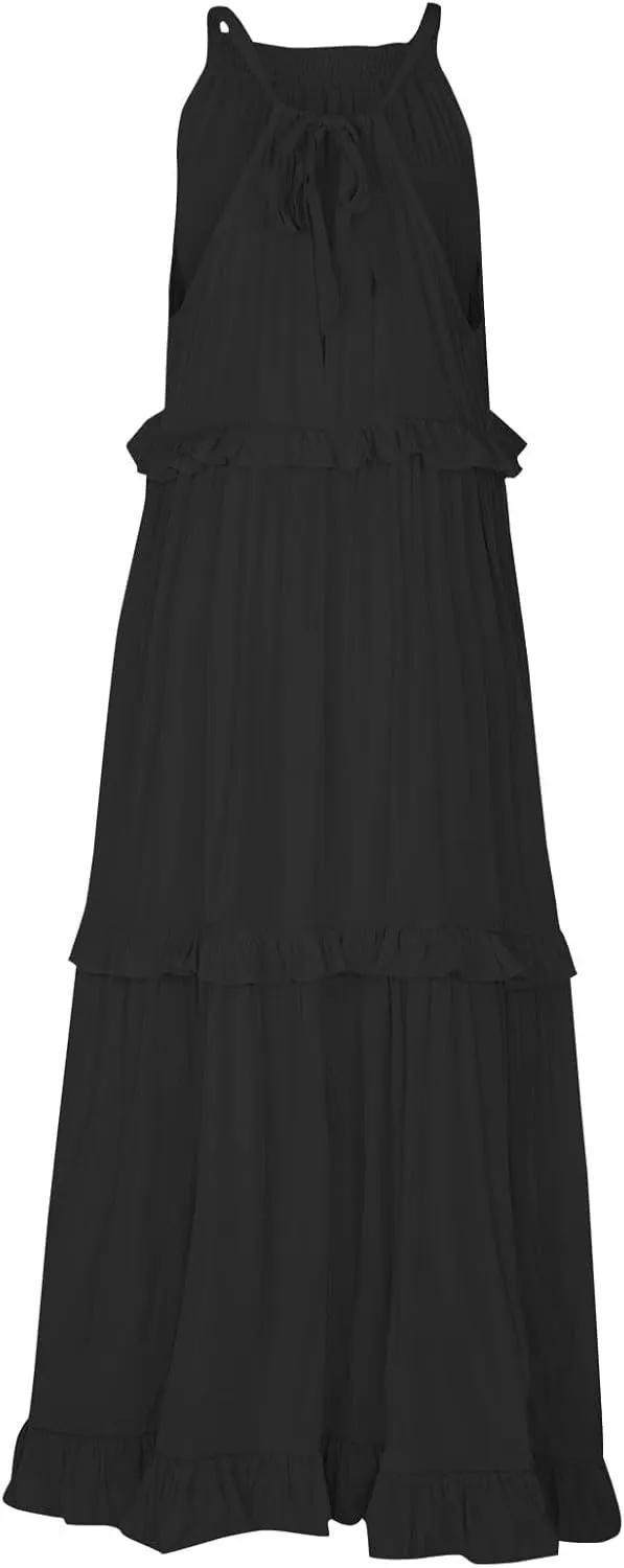 Wedding Guest Dresses for Women Sexy Halter Flowy Swing Maxi Dress Tiered Pleated Elegant Cocktail Formal Long Dress