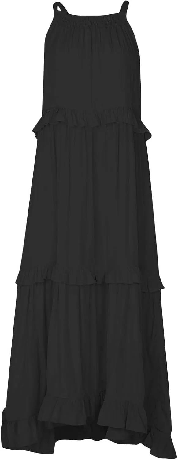 Wedding Guest Dresses for Women Sexy Halter Flowy Swing Maxi Dress Tiered Pleated Elegant Cocktail Formal Long Dress