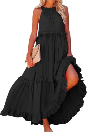 Wedding Guest Dresses for Women Sexy Halter Flowy Swing Maxi Dress Tiered Pleated Elegant Cocktail Formal Long Dress