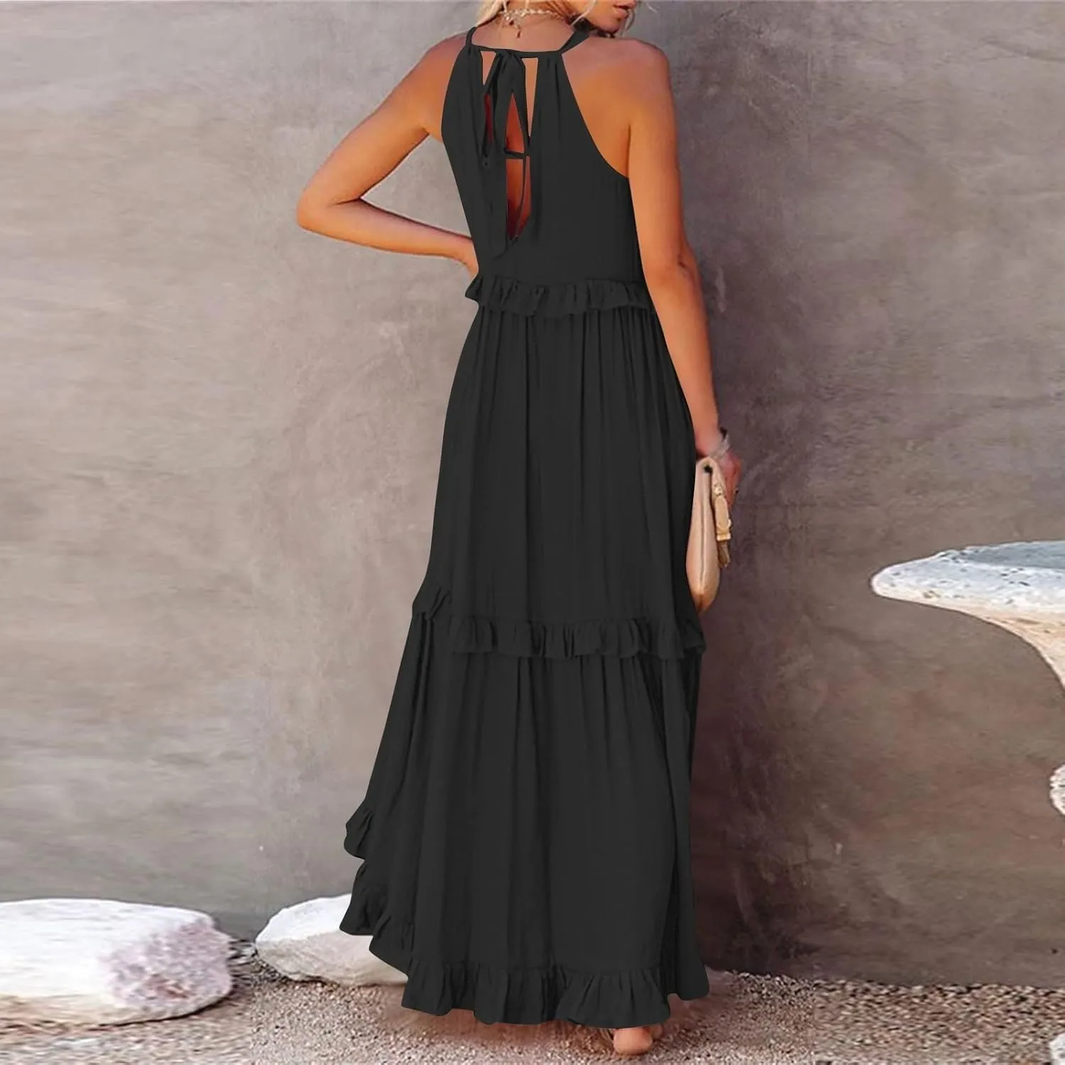 Wedding Guest Dresses for Women Sexy Halter Flowy Swing Maxi Dress Tiered Pleated Elegant Cocktail Formal Long Dress