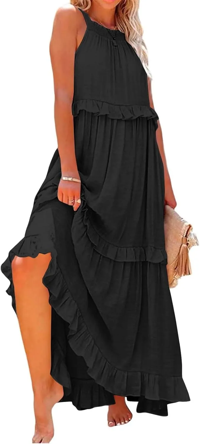Wedding Guest Dresses for Women Sexy Halter Flowy Swing Maxi Dress Tiered Pleated Elegant Cocktail Formal Long Dress