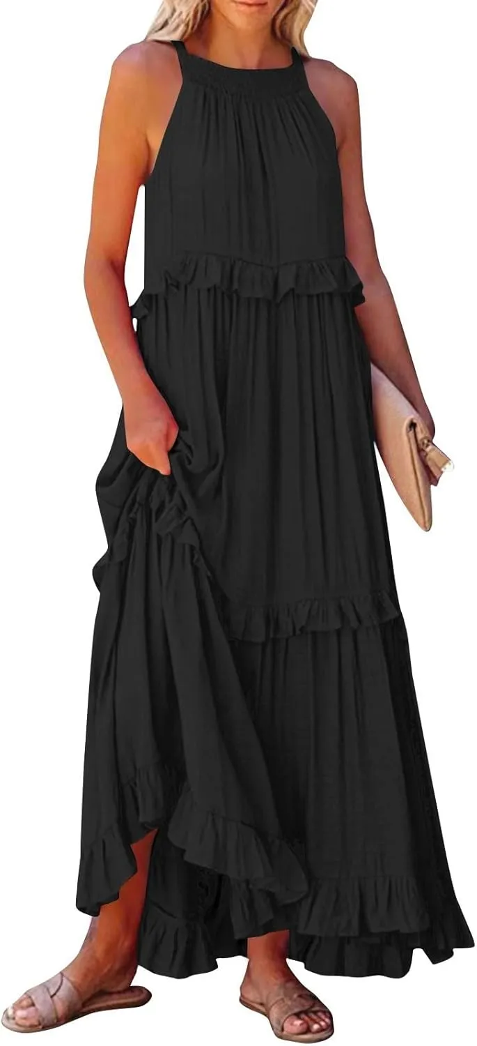 Wedding Guest Dresses for Women Sexy Halter Flowy Swing Maxi Dress Tiered Pleated Elegant Cocktail Formal Long Dress