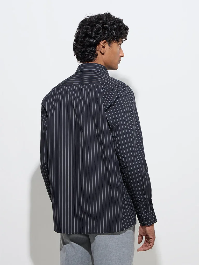 WES Formals Black Striped Pattern Slim-Fit Cotton Shirt