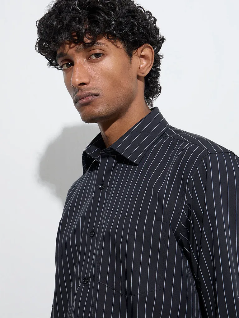 WES Formals Black Striped Pattern Slim-Fit Cotton Shirt