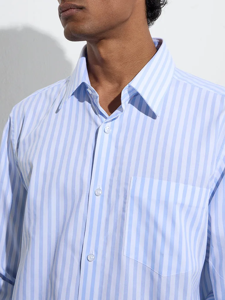 WES Formals Blue Stripe Printed Slim-Fit Cotton Shirt