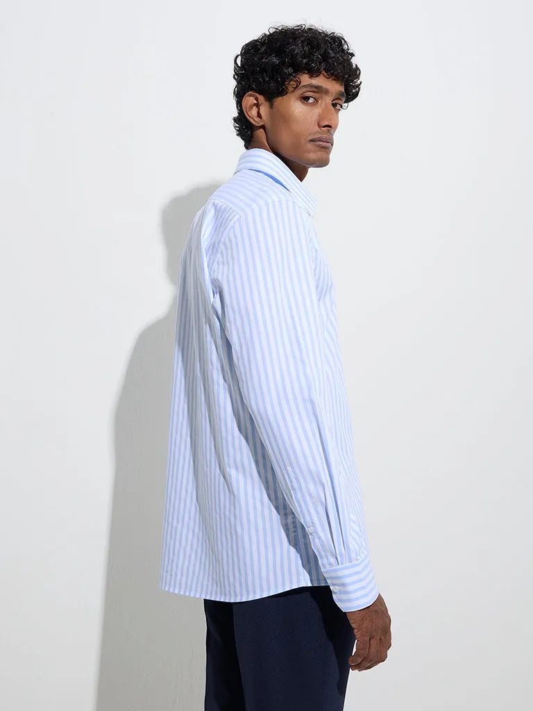 WES Formals Blue Stripe Printed Slim-Fit Cotton Shirt