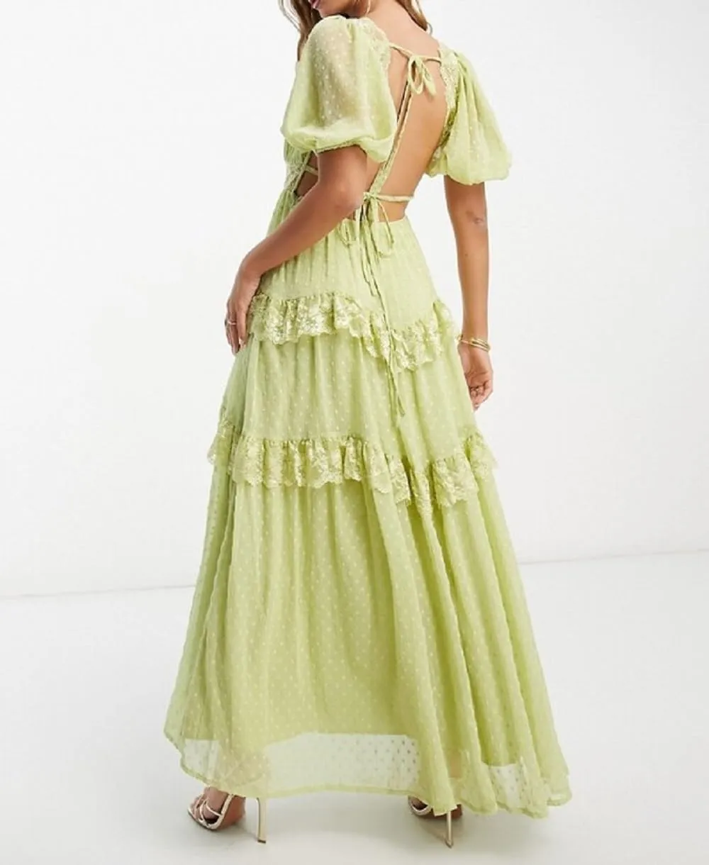 Woman Floral Puff Sleeve Maxi Dress Square Neck Ruffle Flowy Long Dresses Bohemian Tiered Summer Sundress