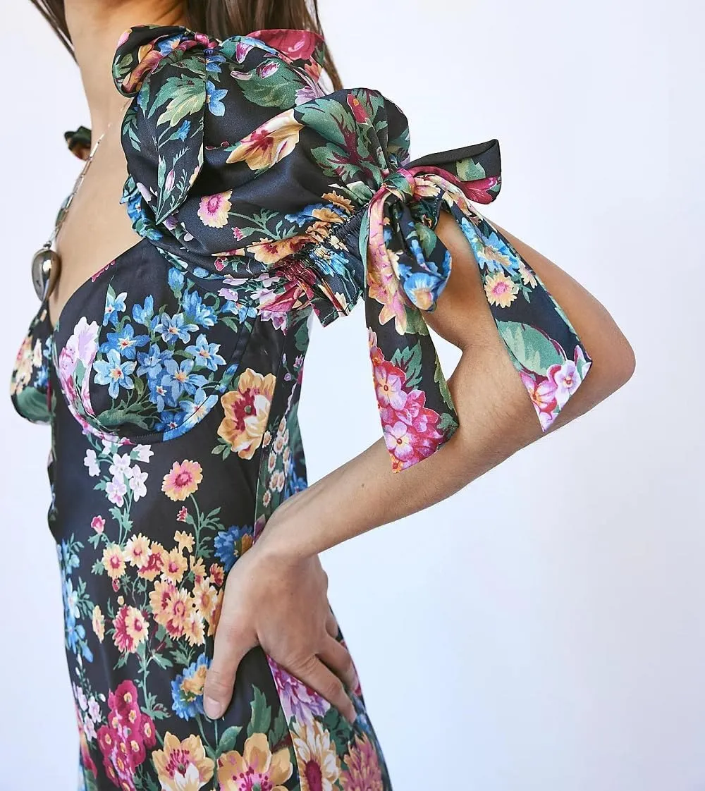 Woman Floral Puff Sleeve Maxi Dress Square Neck Ruffle Flowy Long Dresses Bohemian Tiered Summer Sundress